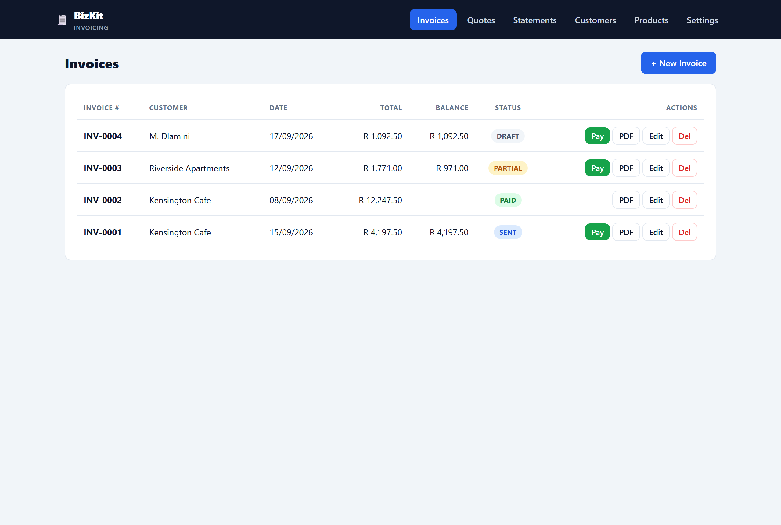 BizKit invoices dashboard showing invoices with statuses and balances